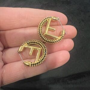 Fendi Gold and Black Logo Hoop Earrings
